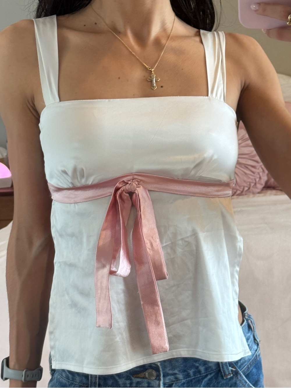 Fenity Satin Lolita Top with Pink Ribbon Tie